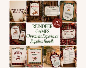 Christmas Games Party Bundle, Reindeer Games Themed Experience Decorations Printable and Editable Canva Template