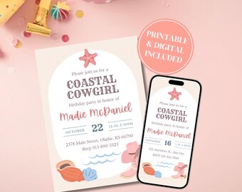 Coastal Cowgirl Child Birthday Party Invitation Printable Canva Template Bundle For Beachy Western Kid