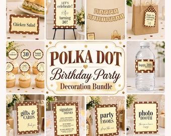 Puede incluir: Un conjunto de decoración para fiesta de cumpleaños con diseño de lunares marrones y crema. Incluye letreros para ensalada de pollo, regalos, bebidas, recuerdos y fotomatón, además de adornos para cupcakes, un cartel y etiquetas.