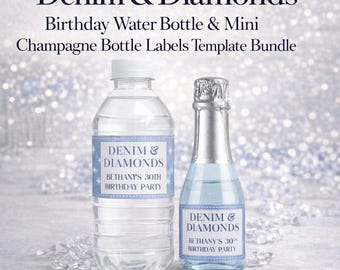 Denim & Diamonds Water and Champagne Bottle Labels PNG, Editable, Printable