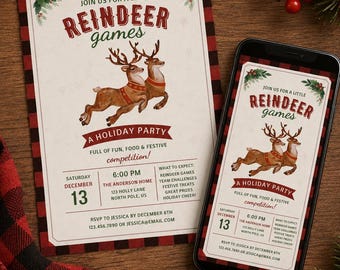 Christmas Games Party Invitation Bundle, Reindeer Games Printable and Editable Canva Template