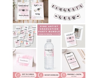 Pink Artist Graduation Party Supplies with Invitations Watercolor Girl Artist Printable and Editable Canva Template Bundle