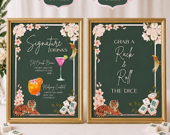 Mahjong Party Signs, Drink Menu, Mahjongg Night Decorations, Editable Canva