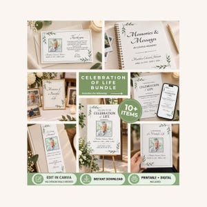 Könnte beinhalten: Ein Celebration of Life-Paket mit verschiedenen gedruckten Gedenk-Papeterieartikeln, darunter eine Dankeskarte, ein spiralgebundenes Buch mit dem Titel Memories & Messages, gerahmte Fotos, ein Willkommensschild und eine digitale Einladung auf einem Smartphone.
