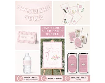 Chic Pink Floral Graduation Party Printables, Cottagecore Toile Editable Invitation Set (Digital Download)