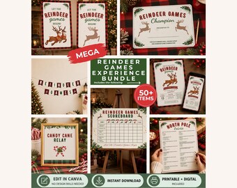 Christmas Games Party Bundle, Reindeer Games Themed Experience Decorations and Invitations Printable and Editable Canva Template