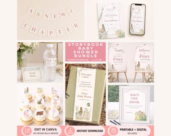 Pink Storybook Baby Shower Printable Canva Template Bundle, A New Chapter Shower