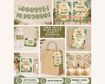 2nd Birthday Jungle Party Supplies, Two Wild Safari Second Celebration Printable and Editable Canva Template Bundle