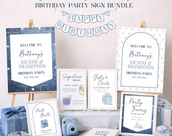 Denim & Diamond Party Decoration Bundle - Sparkle Jean Birthday Signs Editable and Printable Canva Template