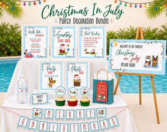 Christmas In July Pool Party Decorations, Christmas in July Celebration Signs Printable and Editable Canva Template Bundle