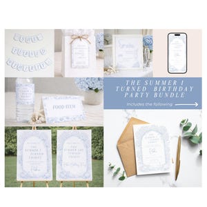 Paquete imprimible para fiesta de cumpleaños "El verano en que cumplí años", tema floral costero azul.