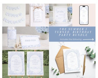 The Summer I Turned Birthday Party Printable Bundle, Blue Coastal Floral Theme Birthday