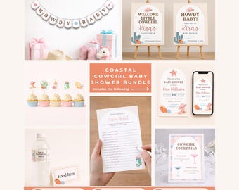 Coastal Cowgirl Baby Shower Decoration and Invitation Bundle for Beachy Western Party with Howdy Baby Banner
