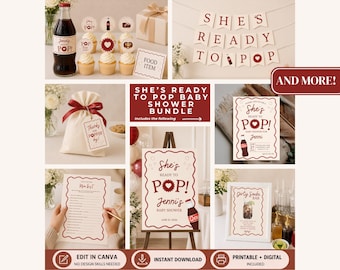 Cola Baby Shower Supplies, She's Ready To Pop Soda Baby Shower Decorations and Invitations, Printable Editable Canva Template