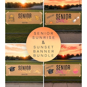 Op de afbeelding: Een set van vier rechthoekige banners met de tekst Senior Sunrise en Senior Sunset en Class of 2027. De ontwerpen bevatten illustraties van afstudeerhoeden, diploma's, stapels boeken en zonnen op een beige achtergrond.