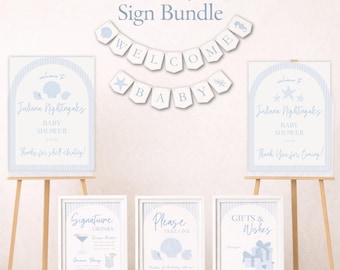 Nautical Baby Shower Decorations, Coastal Party Signs Printable and Editable Canva Template