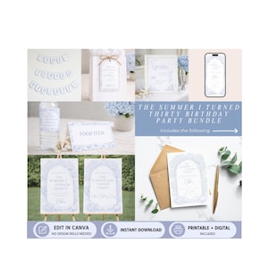 Puede incluir: Un paquete de fiesta con un diseño floral azul y blanco. El paquete incluye invitaciones, pancartas y letreros con el texto "She Turned Thirty". El paquete también incluye una maqueta de teléfono, una etiqueta de botella de agua y un letrero de comida.