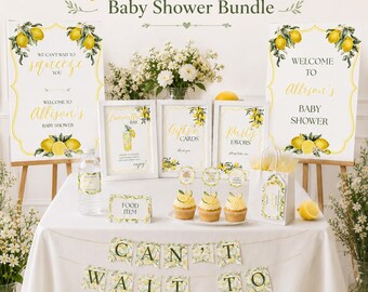 Lemon Baby Shower Decorations Bundle, Can't Wait To Squeeze You Printable and Editable Canva Template Bundle