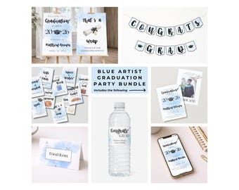 Boy Artist Graduation Party Blue Decoration Supplies and Invitation Printable Bundle, Art School Graduation Kit