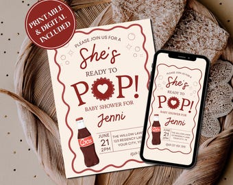 Cola Baby Shower Invitation Set, She's Ready To Pop Soda Printable Baby Shower Invitation Bundle, Editable Canva Template