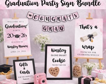 Girl Art Graduation Decoration Pink Watercolor Party Sign Bundle Editable and Printable Canva Template