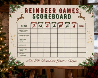 Christmas Game Party Scoreboard, Reindeer Games Holiday Party Poster for 4-8 Teams, Printable and Editable Canva Template