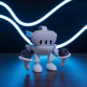 Puede incluir: Una figura blanca con forma de robot con auriculares de realidad virtual y mandos. La figura tiene una cabeza redonda con tres puntos negros y un cuerpo blanco. El fondo presenta luces de neón azules.