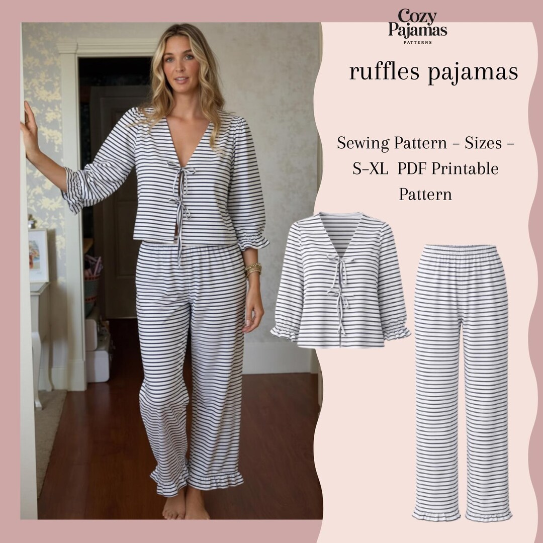 Women’s Pajama Sewing Pattern PDF | Ruffle Pajama Set | Blouse & Pants ...