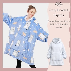 May include: A light blue hooded pajama with a cat and fish pattern. The pajama has a large front pocket and a white hood. The image also shows a white hooded pajama and text that reads "Cozy Hooded Pajama" and "Sewing Pattern - Sizes - S-XL PDF Printable Pattern."