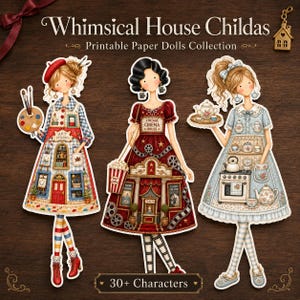 Pode incluir: Três bonecas de papel ilustradas com trajes distintos. A boneca da esquerda usa um vestido de estúdio de arte e segura uma paleta. A central usa um vestido de cinema com pipocas. A da direita usa um vestido de cozinha com um bule de chá.