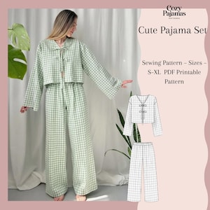 以下が含まれることがあります： 薄い緑と白のギンガムチェックのパジャマセット。セットには、結び留め付きのクロップドトップとワイドレッグパンツが含まれています。画像には、かわいいパジャマセット、サイズS-XL、PDF印刷可能パターンのパターンも表示されています。