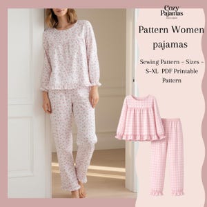 May include: A light pink pajama set with a floral pattern, featuring a long-sleeved top and matching pants. The image also shows a pink gingham pajama set. Text on the image reads "Cozy Pajamas, Pattern Women pajamas, Sewing Pattern - Sizes - S-XL PDF Printable Pattern."