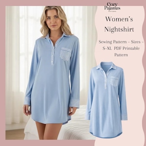 Puede incluir: Camisón azul claro con mangas largas, cuello y bolsillo con rayas blancas y azules. El texto en la imagen dice "Cozy Pajamas" y "Women's Nightshirt Sewing Pattern - Sizes - S-XL PDF Printable Pattern."