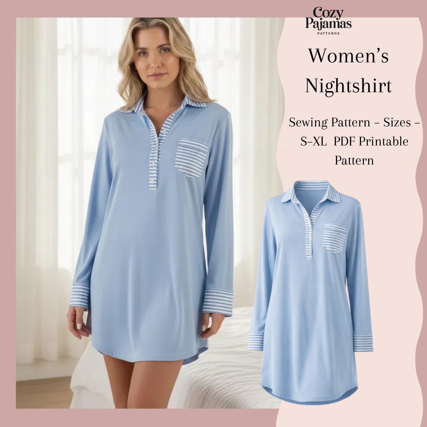 WSLCN - Camicia da notte da donna a maniche lunghe, con