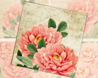 Vintage Pink Peonies digital collage sheet 4x4 inch tiles instant download and printable for scrapbooking, coasters and more...