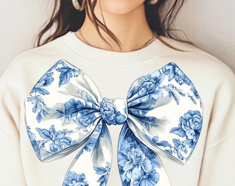 Toile Chinoiserie Coquette Bow PNG, Blue Floral Bow Png, Girly Coquette Bow, Sublimation Png designs, Girly Bow Design Clipart Clip Art