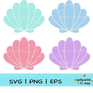 Puede incluir: Cuatro conchas de diferentes colores, cada una con un contorno blanco. Las conchas son en tonos de azul, verde, rosa y morado. Las conchas están dispuestas en un patrón cuadrado.