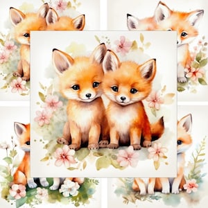 Feuille de collage numérique de renard animal des bois mignon 4 x 4 pouces 2 x 2 pouces carreaux carrés à télécharger instantanément et à imprimer pour l'art et l'artisanat de sous-verres