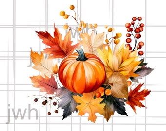 Pumpkins Autumn Leaves Foliage Watercolor PNG for Sublimation Bundle, Instant Digital Download, Sublimation Designs, Fall Decor Clipart