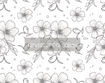 Flowers Seemless Pattern Instant Download Black and White  Spring Flowers Digital Paper Floral Printed Patterned  Line art