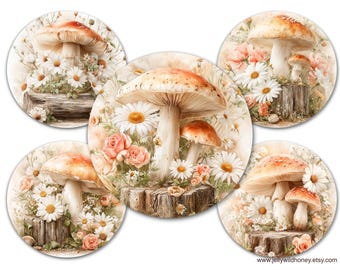 Forest Mushrooms bottle cap images digital collage sheet 1 inch 25 mm round image cabochons circle pendant instant download printable