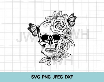 Skull Butterfly Floral SVG PNG DXF Digital Download Silhouette Stencil Cut Files Cricut Clipart Instant Download