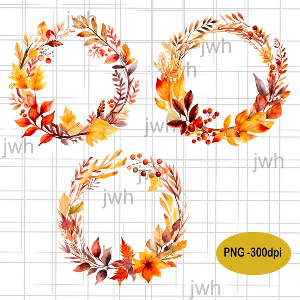Autumn Wreath Watercolor PNG for Sublimation, Instant Download, Digital Download, Sublimation Designs, Fall Decor, Wreath Clipart, Fall Leaf