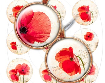 Red poppy bottlecap images, bottle cap images, digital collage sheet 1 inch circles, 1 inch circle, poppies digital download, 1 inch poppy