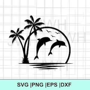 Dauphins SVG, PNG, EPS, DXf, tropical, palmiers coucher de soleil sur la plage, téléchargement numérique, silhouette de dauphin, fichiers Svg pour Cricut, dauphins sautant