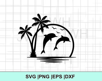 Dolphin SVG, PNG, EPS, DXf, Tropical, Beach Sunset Palm trees, Digital Download, Dolphin Silhouette, Svg files for Cricut, Jumping Dolphins