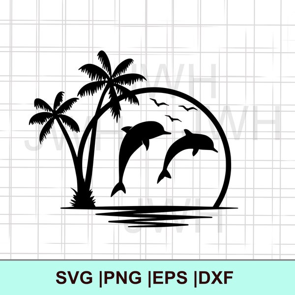 Delphin SVG, PNG, EPS, DXf, Tropical, Beach Sunset Palmen, Digitaler Download, Delphin Silhouette, Svg Dateien für Cricut, Springende Delfine