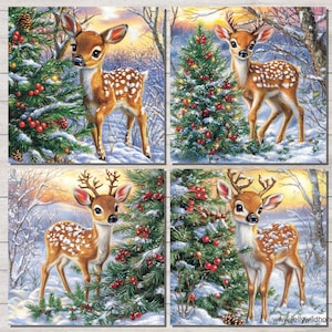 Feuille de collage numérique Noël renne cerf 4 x 4 pouces 2 x 2 pouces carreaux carrés à télécharger et à imprimer pour l'art et l'artisanat d'aimant de sous-verre