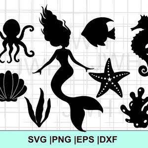 May include: A set of black silhouette SVG cut files featuring a mermaid, octopus, starfish, seashell, seahorse, and seaweed. The files are perfect for crafting projects, scrapbooking, and more.