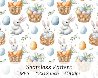Patrón sin costuras de Pascua, descarga instantánea, papel digital de conejitos de Pascua, fondo de Pascua imprimible, huevos de Pascua, cestas de Pascua estampadas